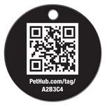 Black round QR pet ID tag with PetHub.com/tag/A2B3C4