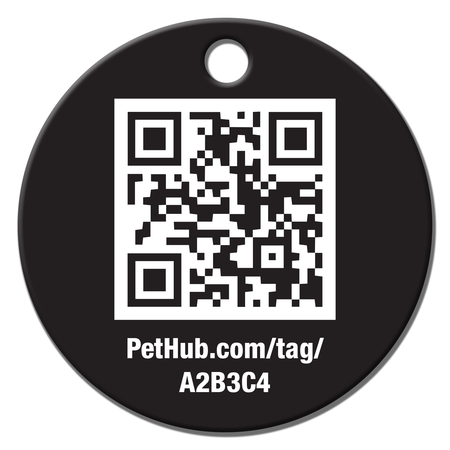 Black round QR pet ID tag with PetHub.com/tag/A2B3C4