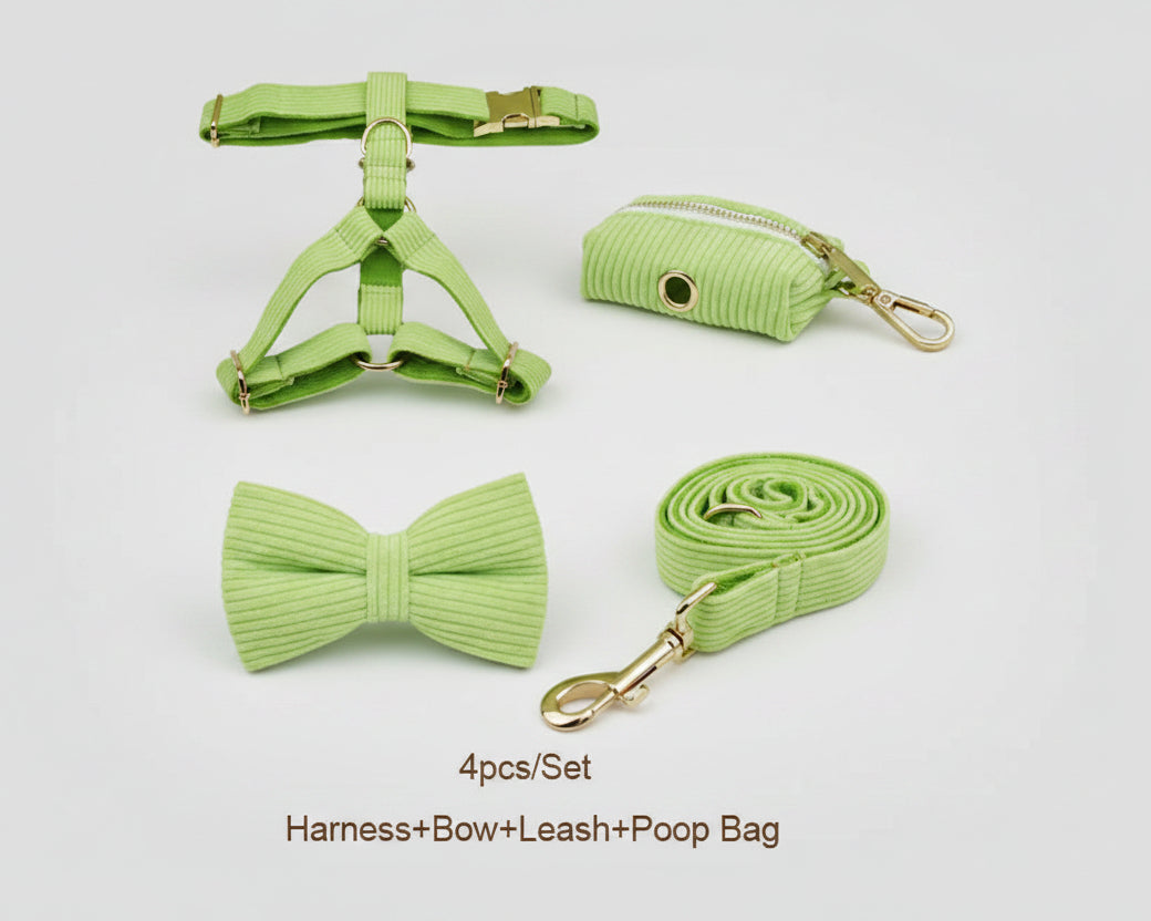 Apple green corduroy harness, bowtie, leash, and poop bag pouch