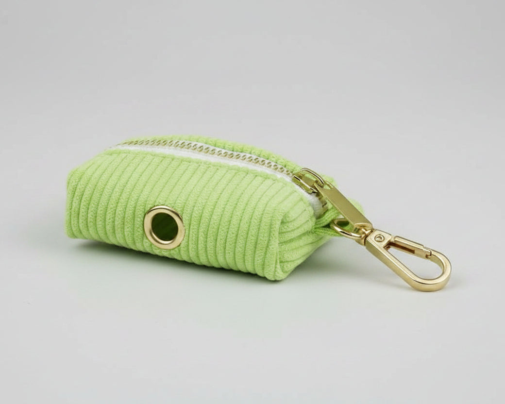 Apple green corduroy poop bag holder with gold snap clasp