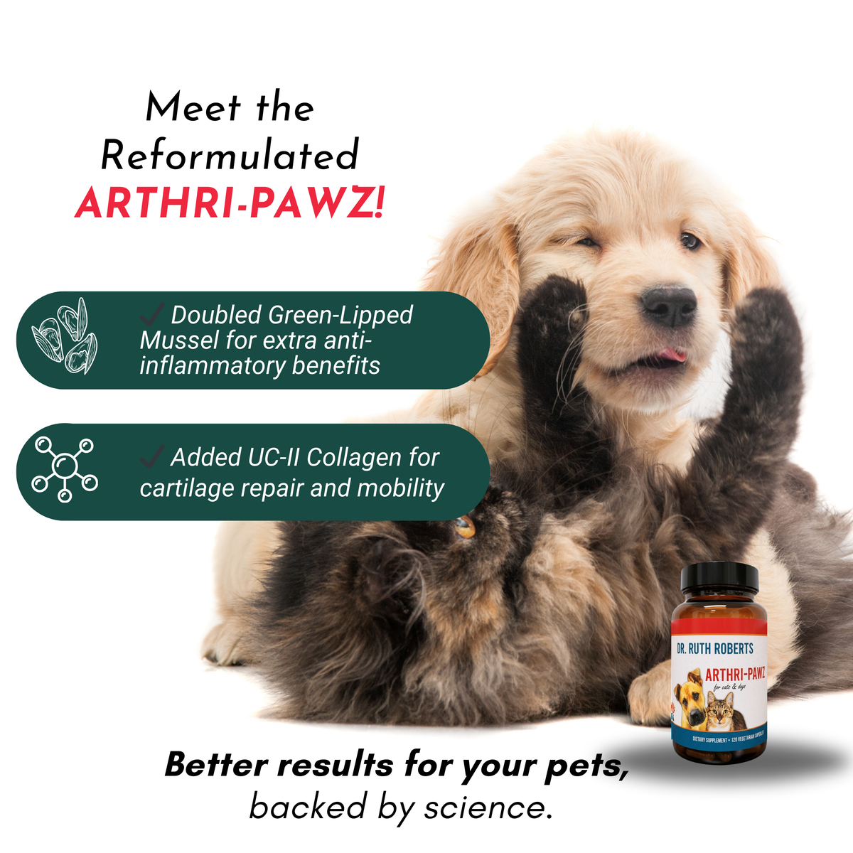 Reformulated joint support supplement with dog, bottle, and feature icon badges