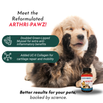 Reformulated joint support supplement with dog, bottle, and feature icon badges