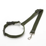 Pet car safety belt & harness, army green strap with black adjusters and metal hook