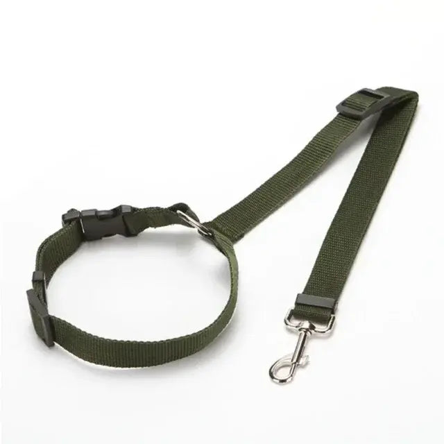 Pet car safety belt & harness, army green strap with black adjusters and metal hook