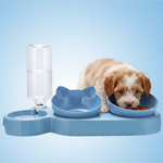 Blue pet feeding station with auto water dispenser and two raised food bowls