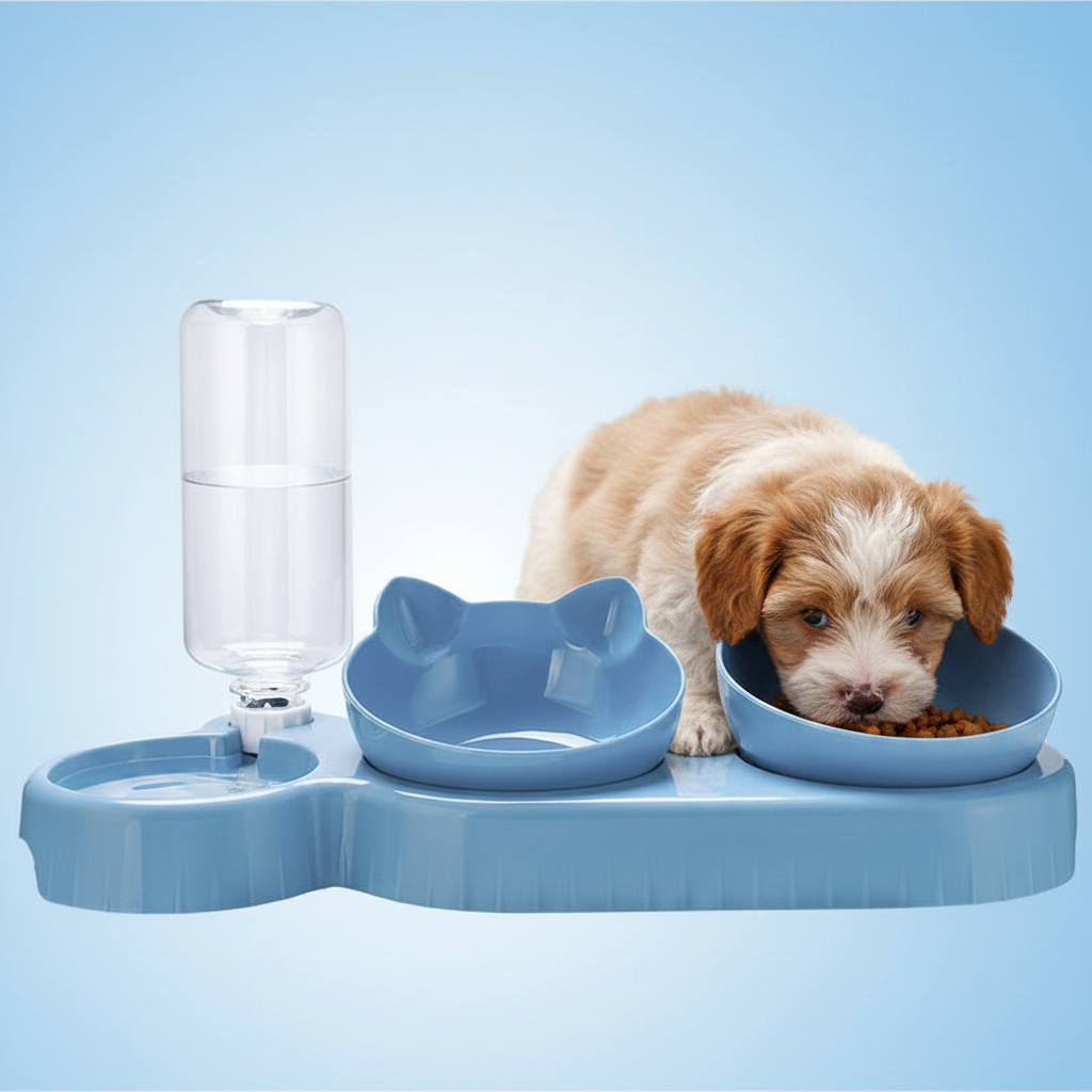 Blue pet feeding station with auto water dispenser and two raised food bowls