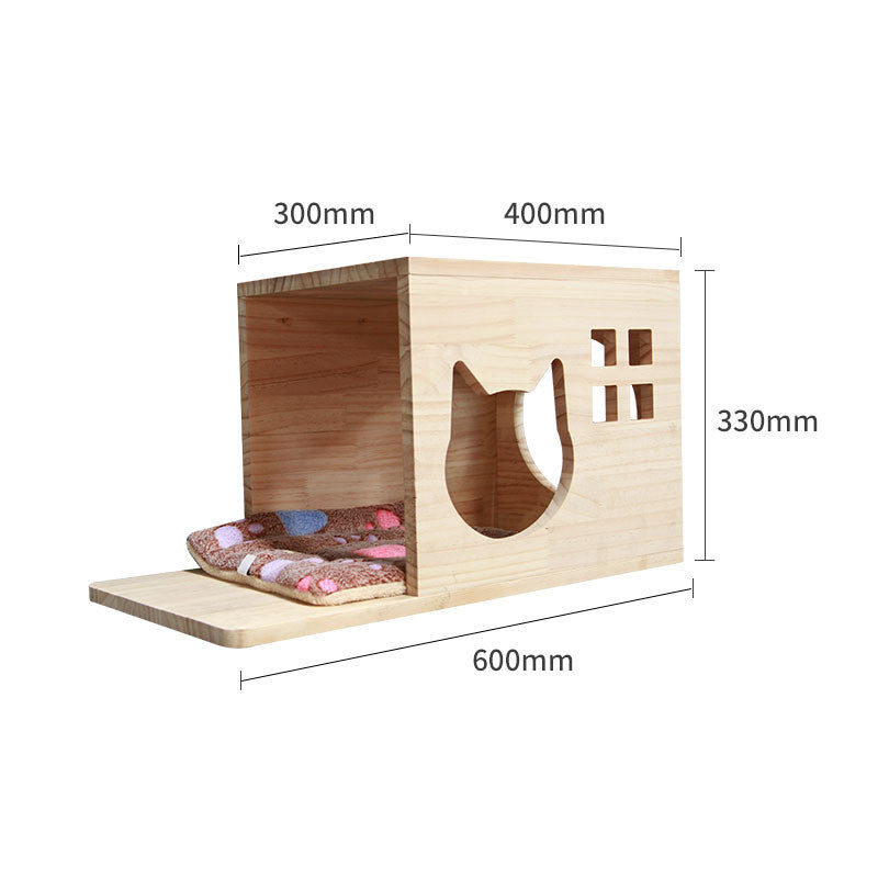 Wooden cat house with arched doorway and built-in platform with sisal bed