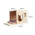 Wooden cat house with arched doorway and built-in platform with sisal bed