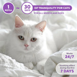 White cat with 24/7 graphic showing calming diffuser refill lasts up to 30 days