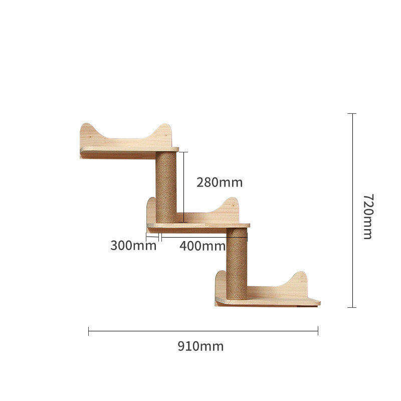 Multi-level wall-mounted cat climbing frame with curved middle perch and base