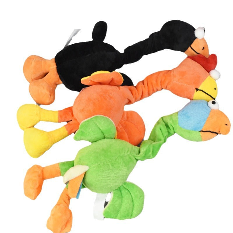 Plush bite-resistant dog toy with squeaker; long multicolor worm with animal heads.