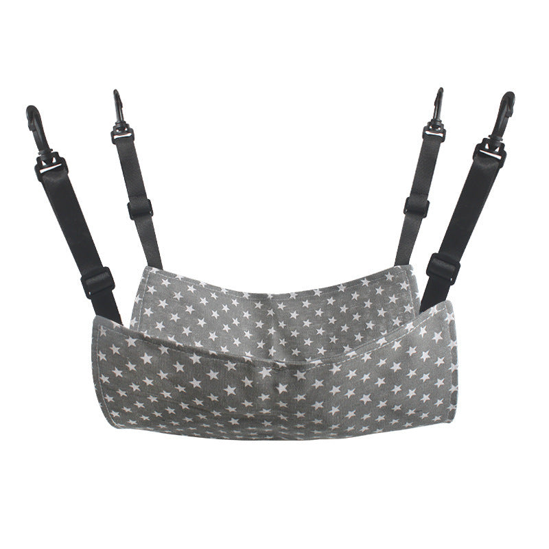 Cat hanging hammock bed with black straps, gray star-pattern cushion