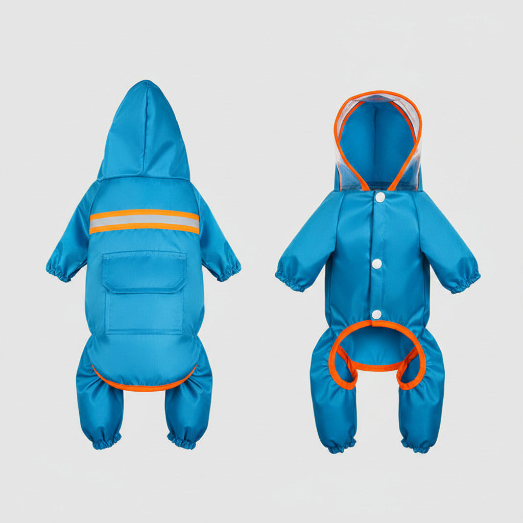 Reflective raincoat for dogs in blue, hooded front and back views
