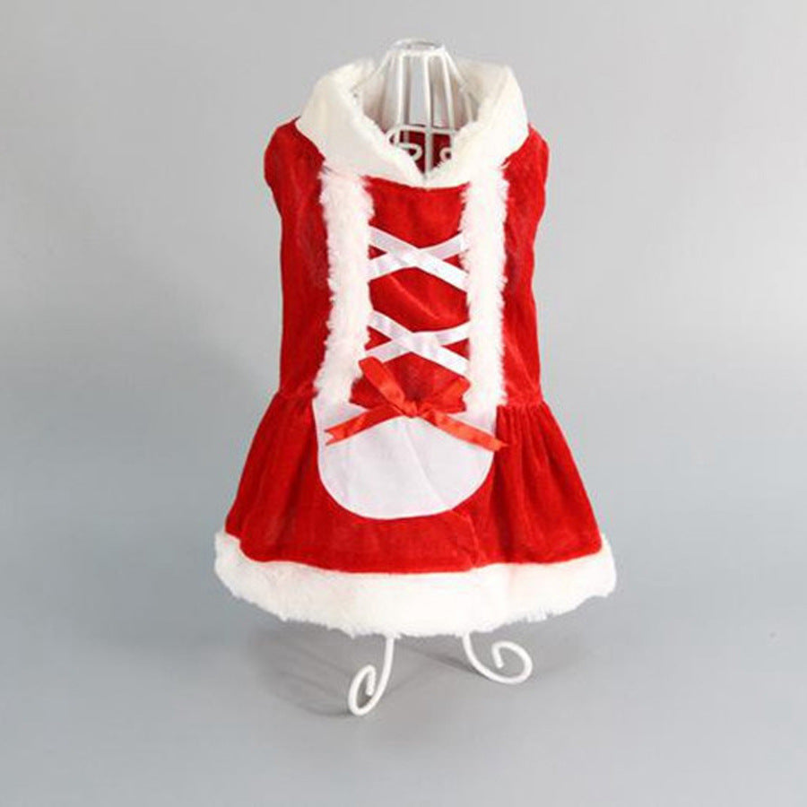 Christmas dog sweater, red dress with white fur trim and crisscross lacing on back