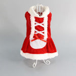 Christmas dog sweater, red dress with white fur trim and crisscross lacing on back