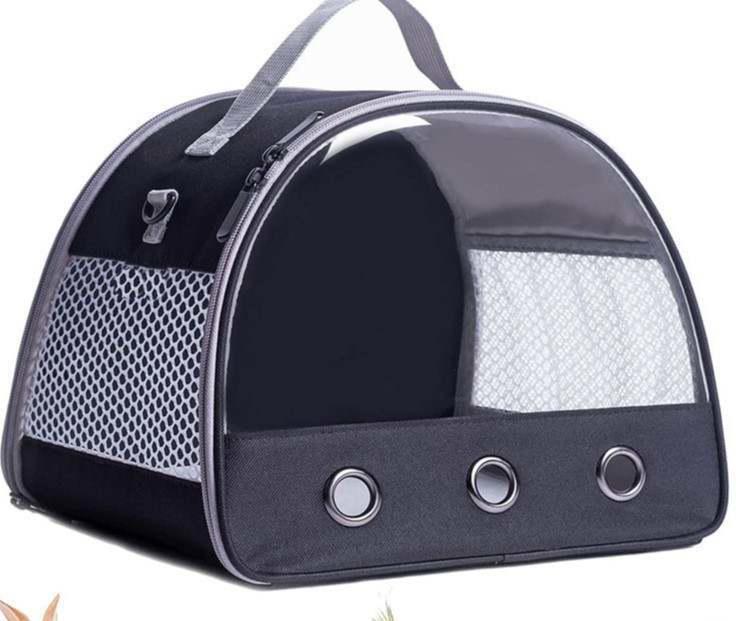 Black pet carrier bag with clear front window and mesh side panel