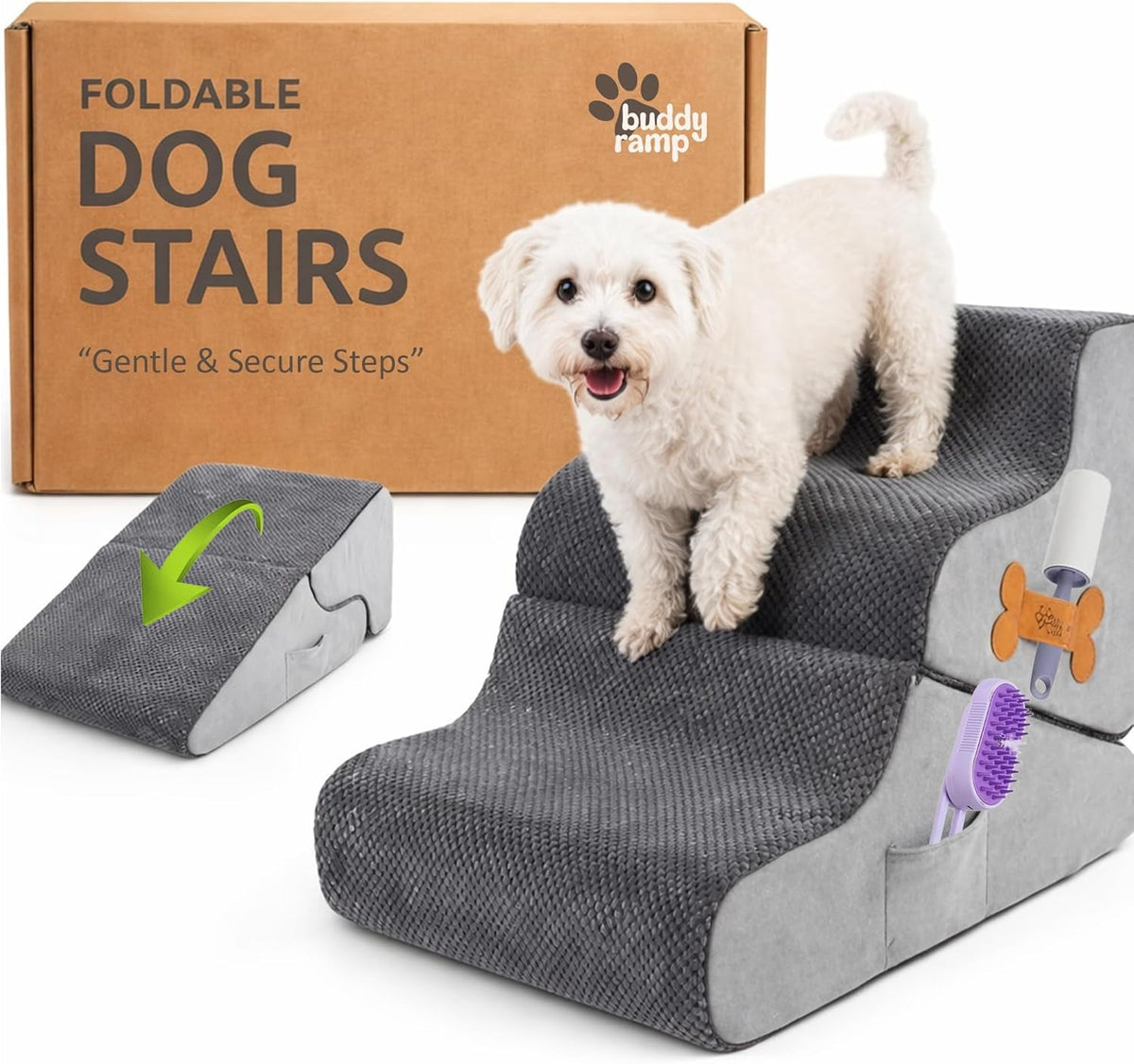Foldable dark gray foam dog stairs with non-slip steps and side handles