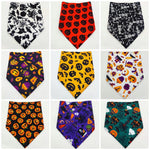 Pet triangle bandana scarf, assorted Halloween icons in black, red, and white