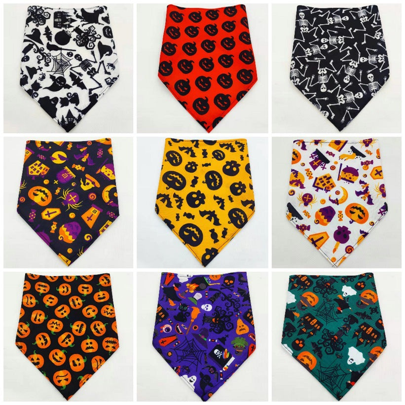 Pet triangle bandana scarf, assorted Halloween icons in black, red, and white