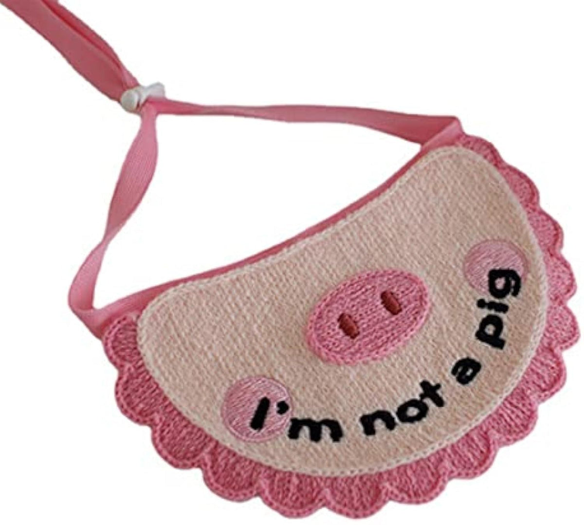 Pink crochet pet drool towel with pig face patch and scalloped pink border