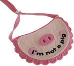 Pink crochet pet drool towel with pig face patch and scalloped pink border