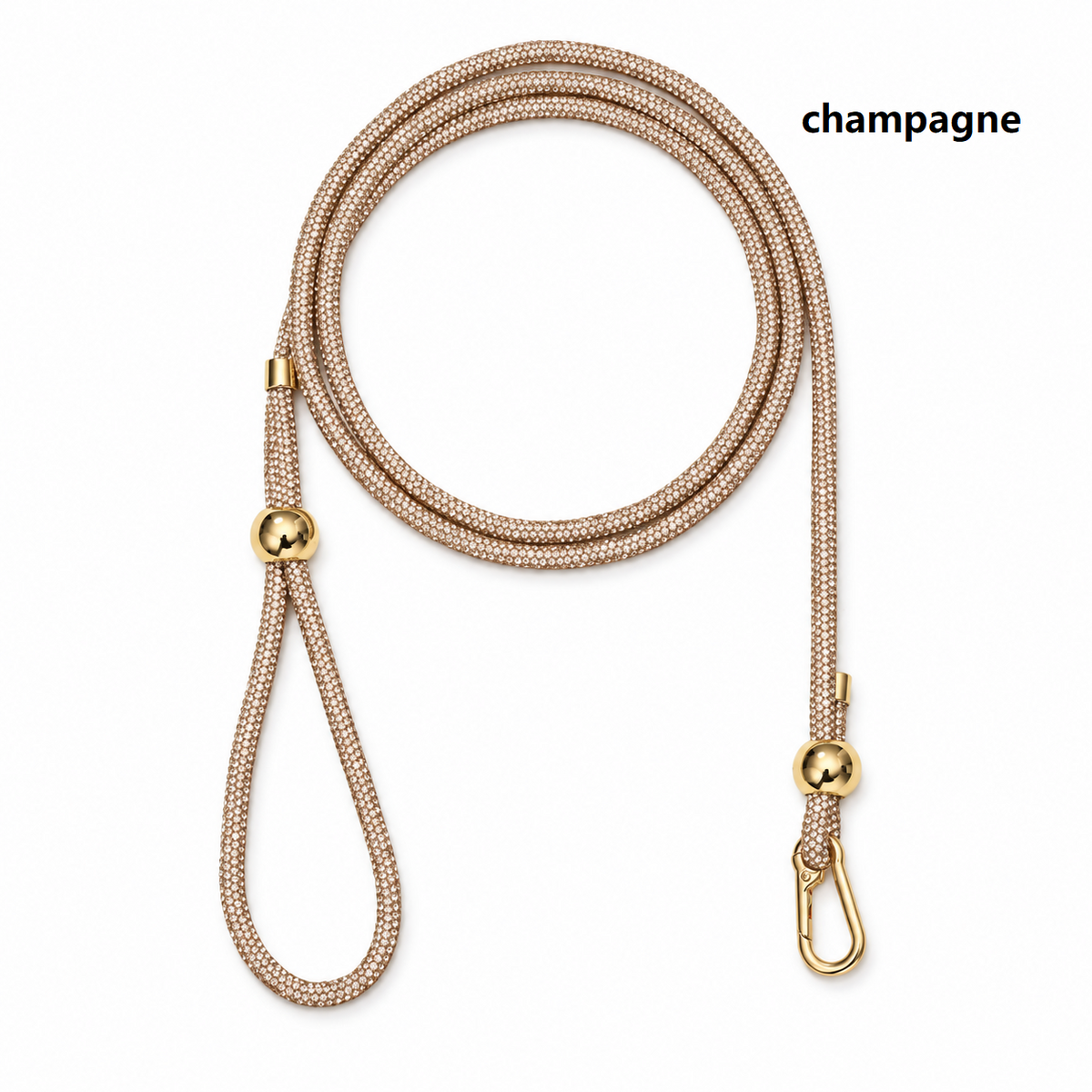 Champagne rhinestone dog slip leash with gold clasp and loop handle, adjustable rope.