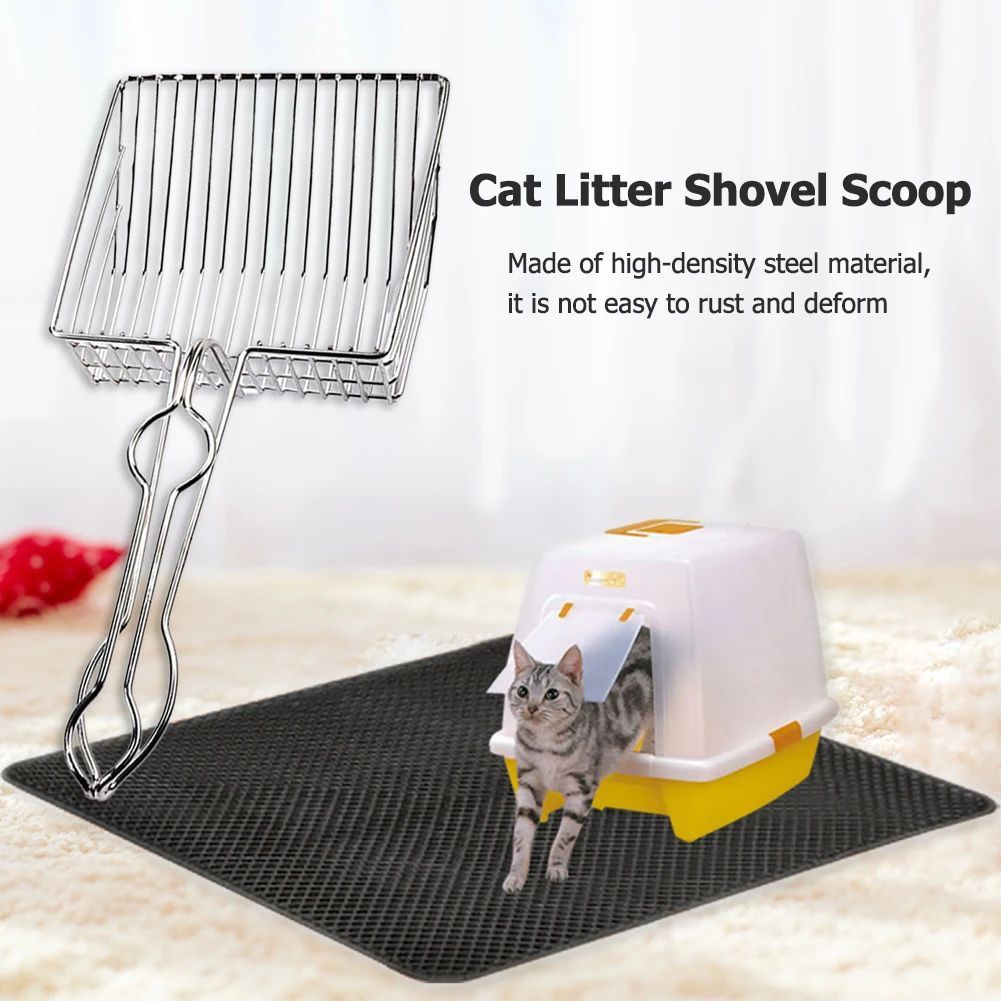 Cat litter shovel scoop with wire mesh tray and loop handle, steel finish