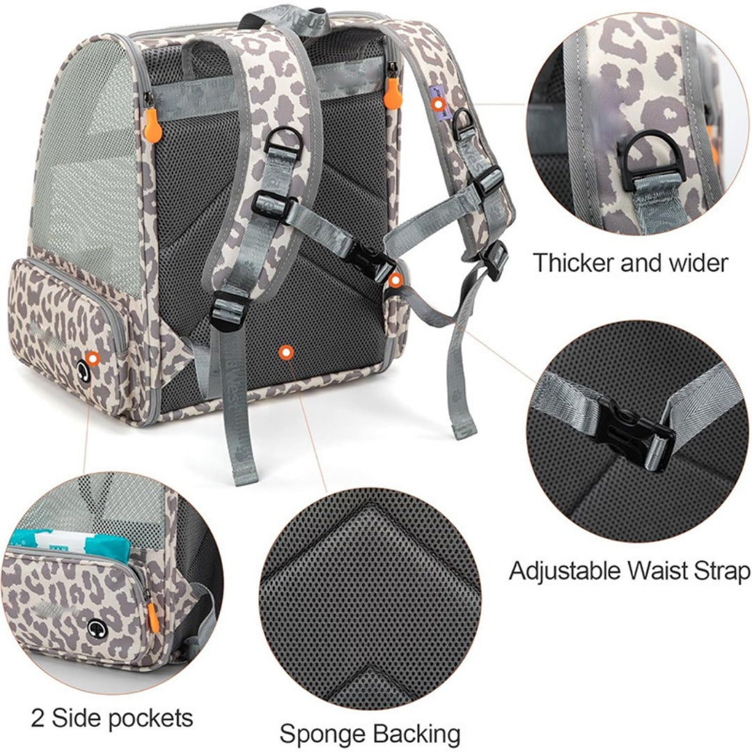 Pet backpack with leopard print trim, adjustable straps, spongy backing, and side pockets