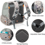 Pet backpack with leopard print trim, adjustable straps, spongy backing, and side pockets