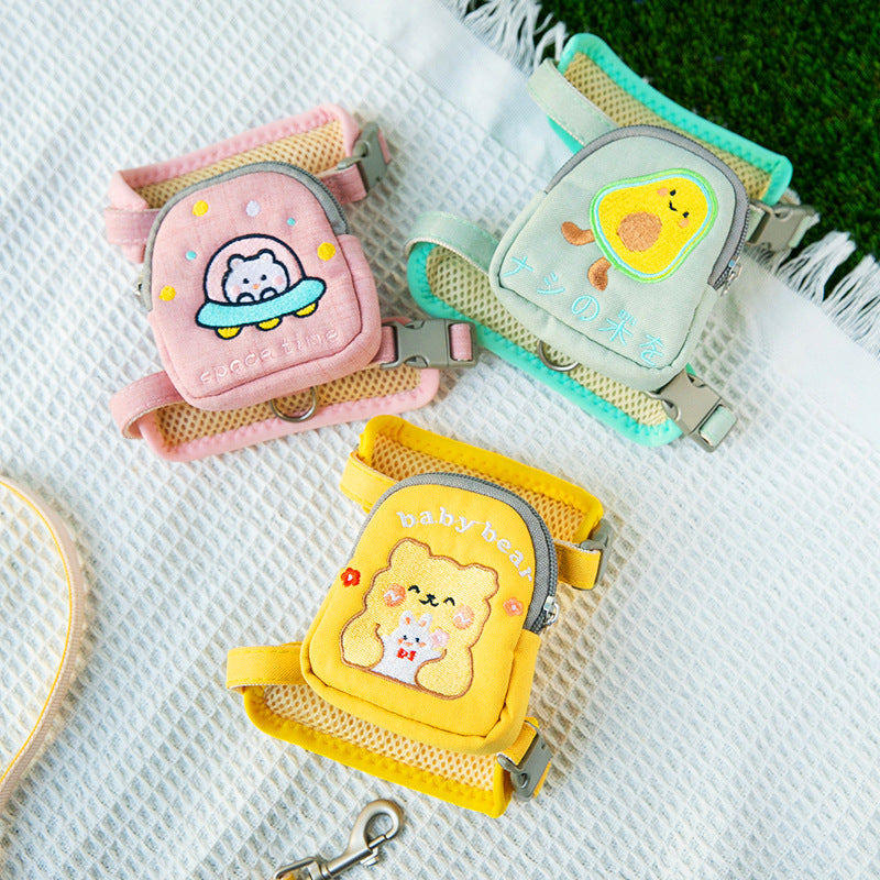 Assorted cat traction rope harnesses with pink, turquoise, and yellow pouches and metal clips