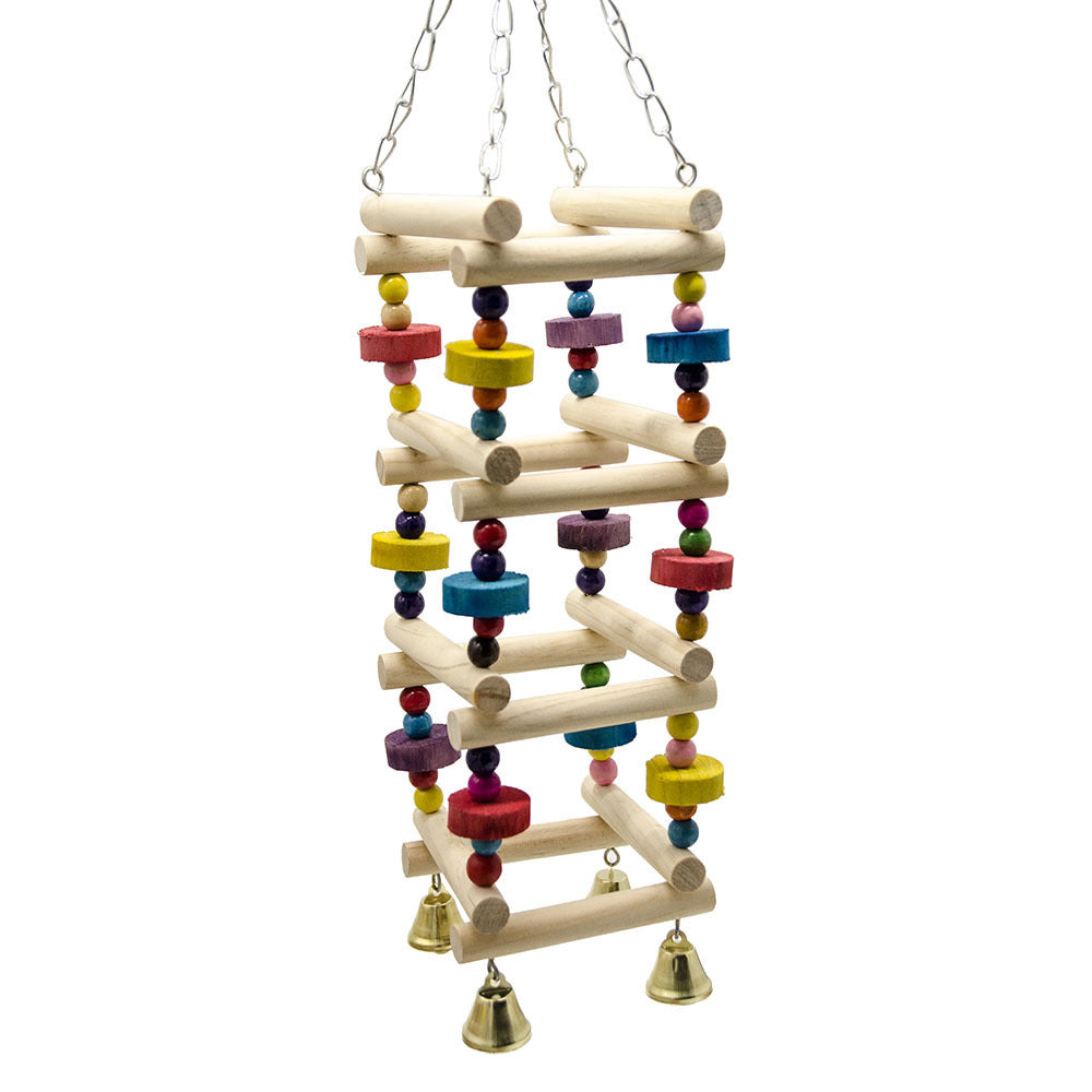 Wooden bird swing toy with stacked bead platforms, hanging chains, and brass bell charms.