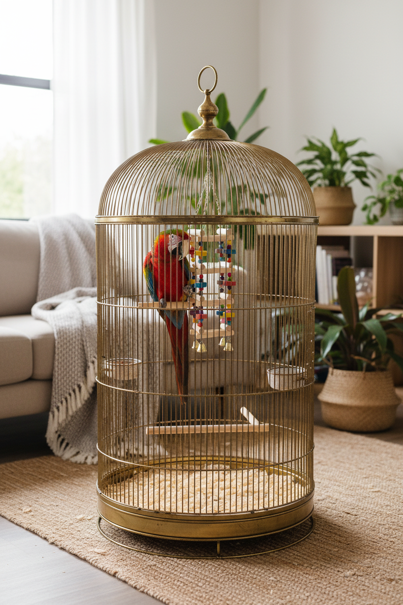 Metal birdcage with hanging wood bead swing and bell for parrots