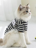 Black-and-white striped plush pet sweater with bear patch and short sleeves