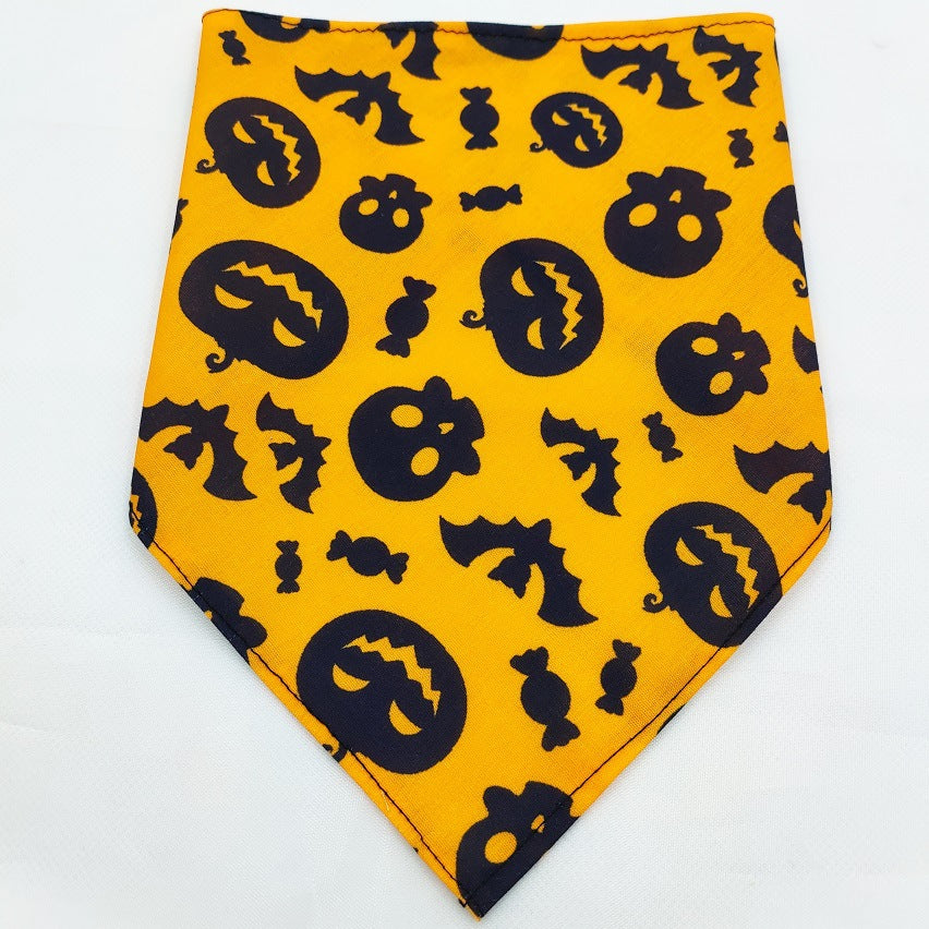 Pet triangle bandana scarf, yellow with dark Halloween faces, ghosts, bats, and pumpkins