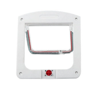 White controllable two-way pet door front panel with clear flap and red lock