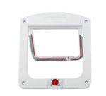 White controllable two-way pet door front panel with clear flap and red lock