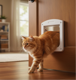 Orange cat at a white two-way pet door opening with clear flap
