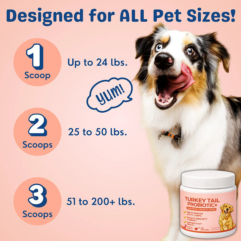 Pet supplement powder jar with white lid shown with dog for serving scoops