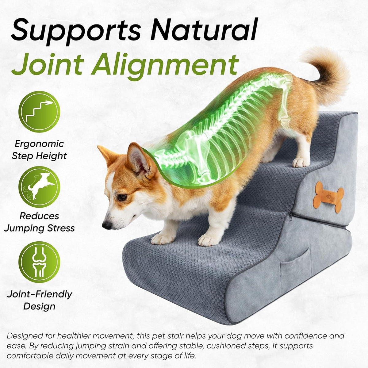 Dark gray foam dog stairs with ergonomic, cushioned step support surface