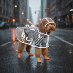 Waterproof pet raincoat for dogs, clear white hood with black print and open leg sections