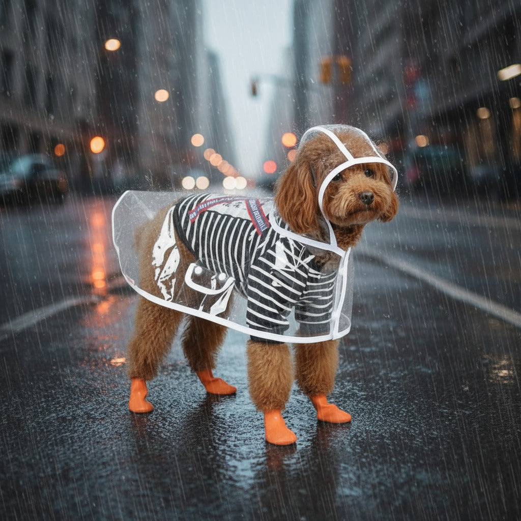 Waterproof pet raincoat for dogs, clear white hood with black print and open leg sections