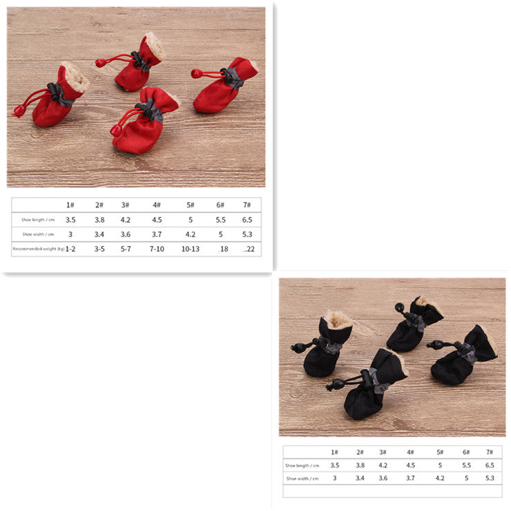 Red and black dog soft-soled pet shoes with paw-pull cords and fuzzy lining, set of 4.
