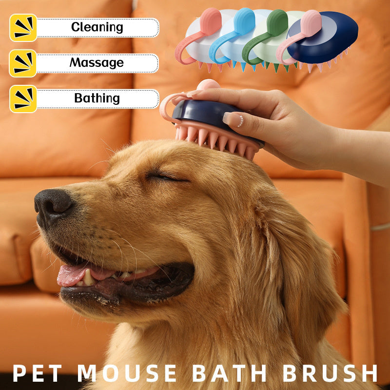 Silicone pet hair remover comb with dark blue body and pink handle, handheld grooming brush