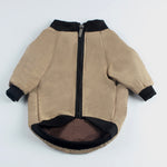 Khaki pet jacket hoodie with full zipper, dark collar trim, and ribbed sleeve cuffs.