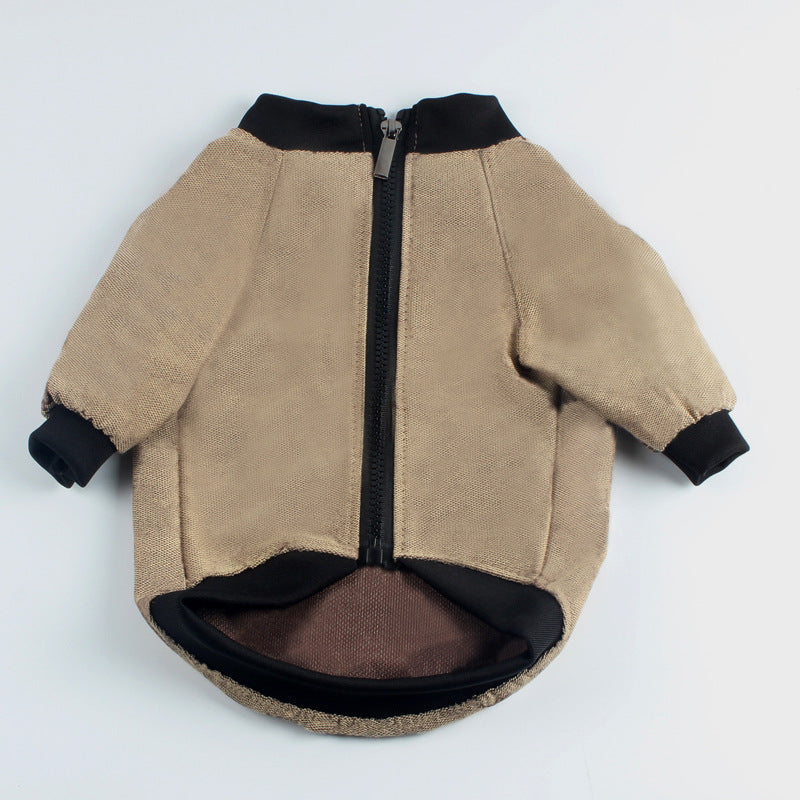 Khaki pet jacket hoodie with full zipper, dark collar trim, and ribbed sleeve cuffs.