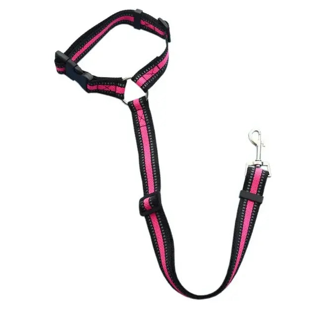 Pet car safety belt & harness, black strap with pink-red trim and metal carabiner