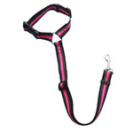 Pet car safety belt & harness, black strap with pink-red trim and metal carabiner