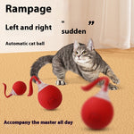Red automatic cat ball toy with clear window and curved red rope launcher cord