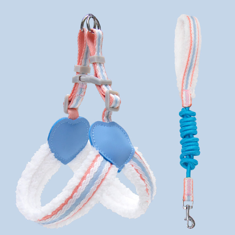 Blue heart chest dog harness vest with breathable straps and coiled walking leash
