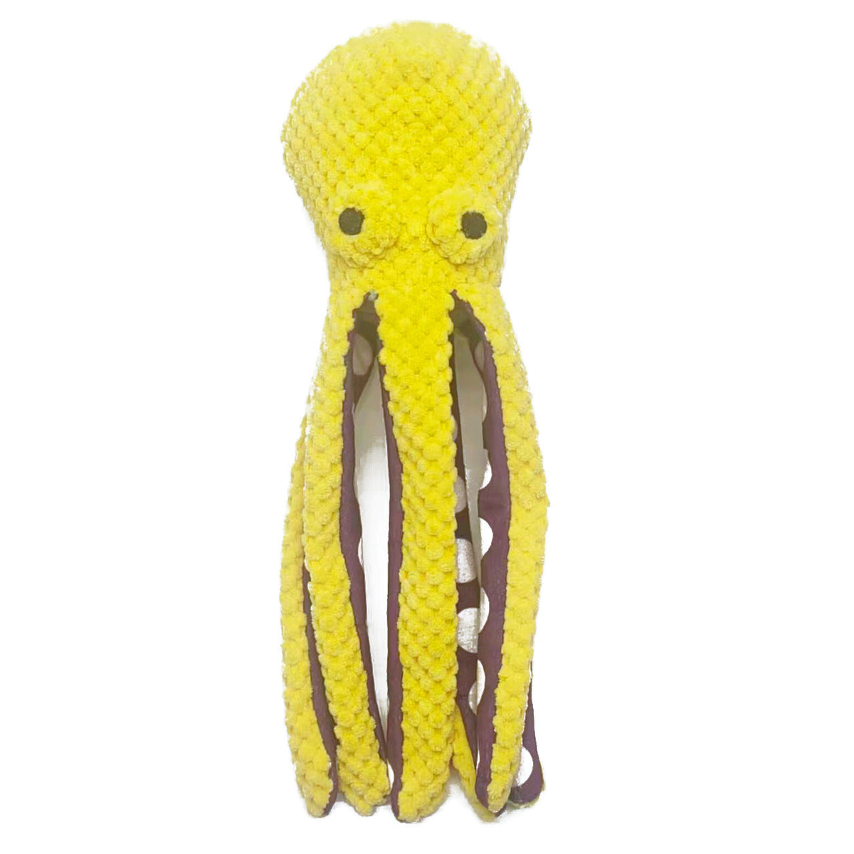 Six-claw fish plush dog toy, bright yellow body with dark-purple tentacles